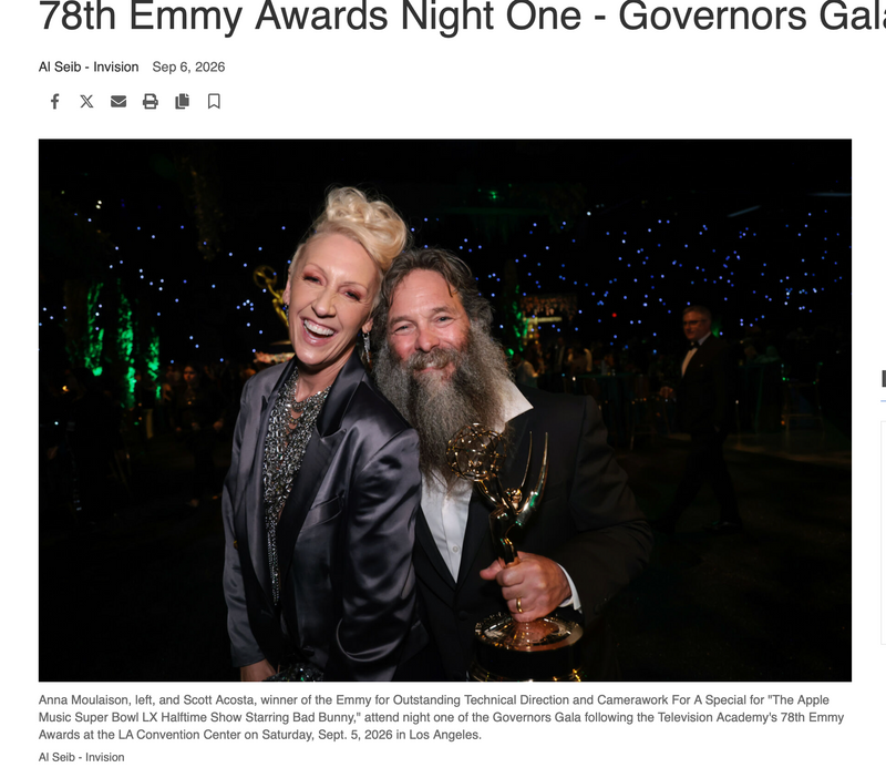 Anna Moulaison in a metallic blazer and Scott Acosta holding an Emmy award at the Governors Gala.