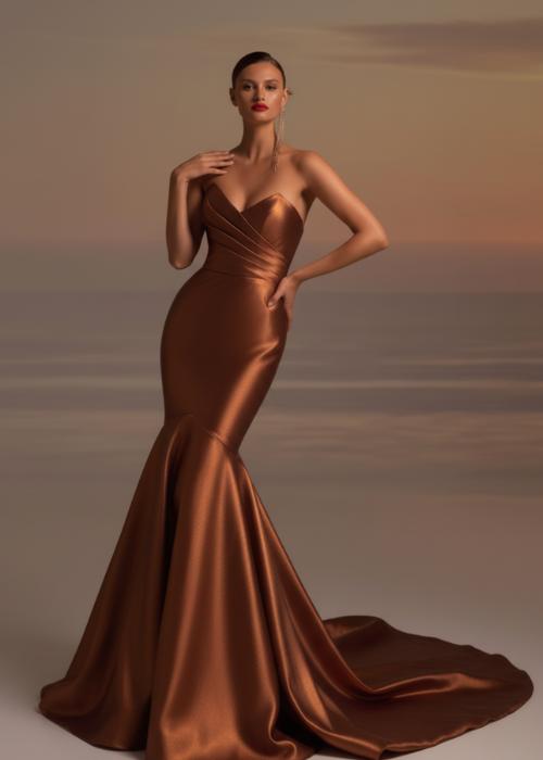 Model wearing a bronze satin Brandy fishtail gown with pleated bodice detailing and a sweeping train.
