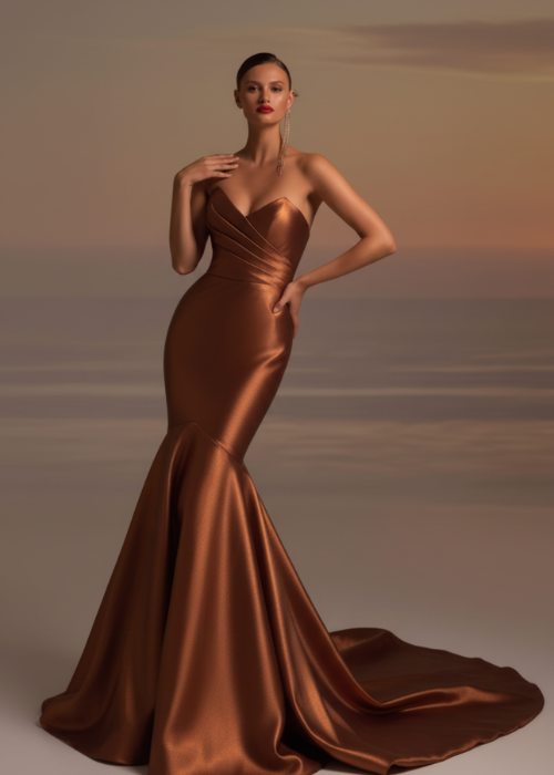 Model wearing a bronze satin Brandy fishtail gown with pleated bodice detailing and a sweeping train.