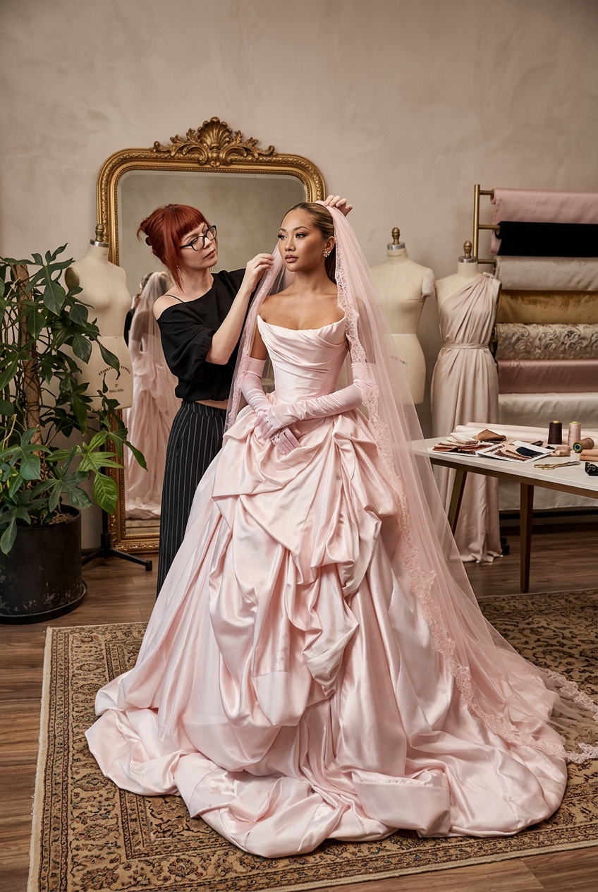 A woman models a voluminous light pink satin ball gown with long matching gloves in a boutique setting, while another woman adjusts her hair. A potted plant and clothing racks are visible in the background.