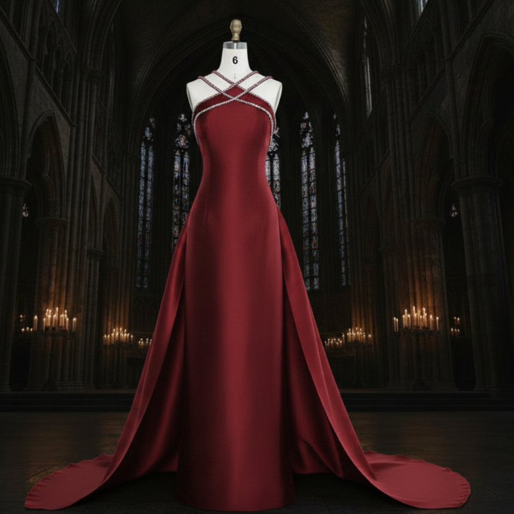 Deep red satin mermaid evening gown with a crystal-embellished crisscross halter neckline and dramatic overskirt train.