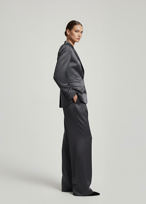Ivory Satin Pantsuit | Tailored Blazer & Wide-Leg Trousers