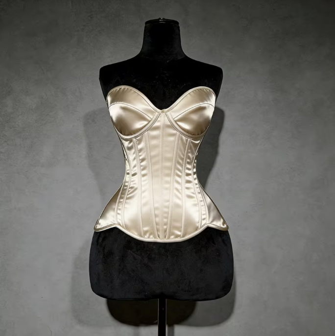 Champagne satin overbust corset with structured cups and steel boning on a black mannequin against a grey background.