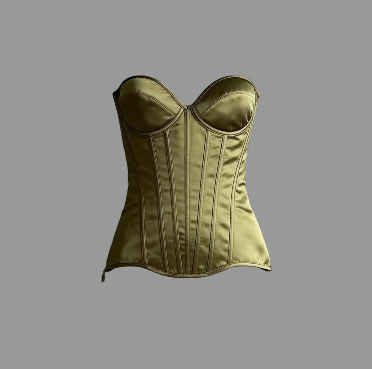 Olive green satin overbust corset with structured cups, steel boning, and a sleek, strapless silhouette.