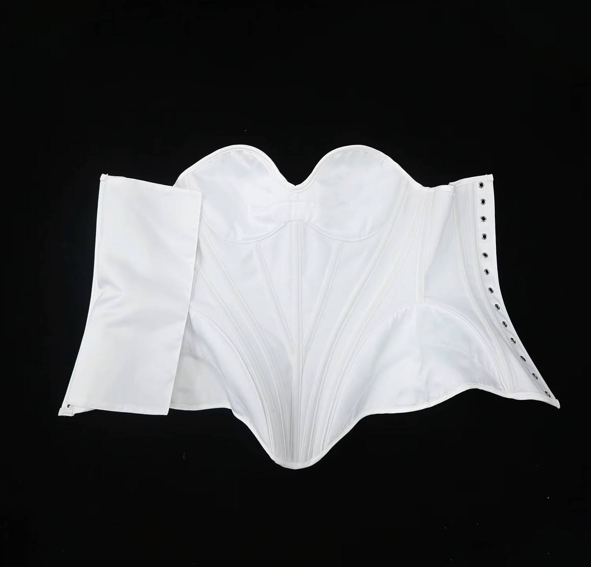 White satin bridal corset bustier with structured boning, sweetheart neckline, and side lace-up eyelet closure.