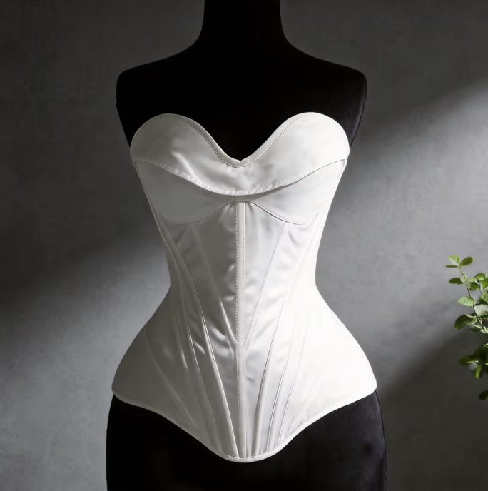 White satin Bella corset bustier with structured boning and sweetheart neckline on a black mannequin.