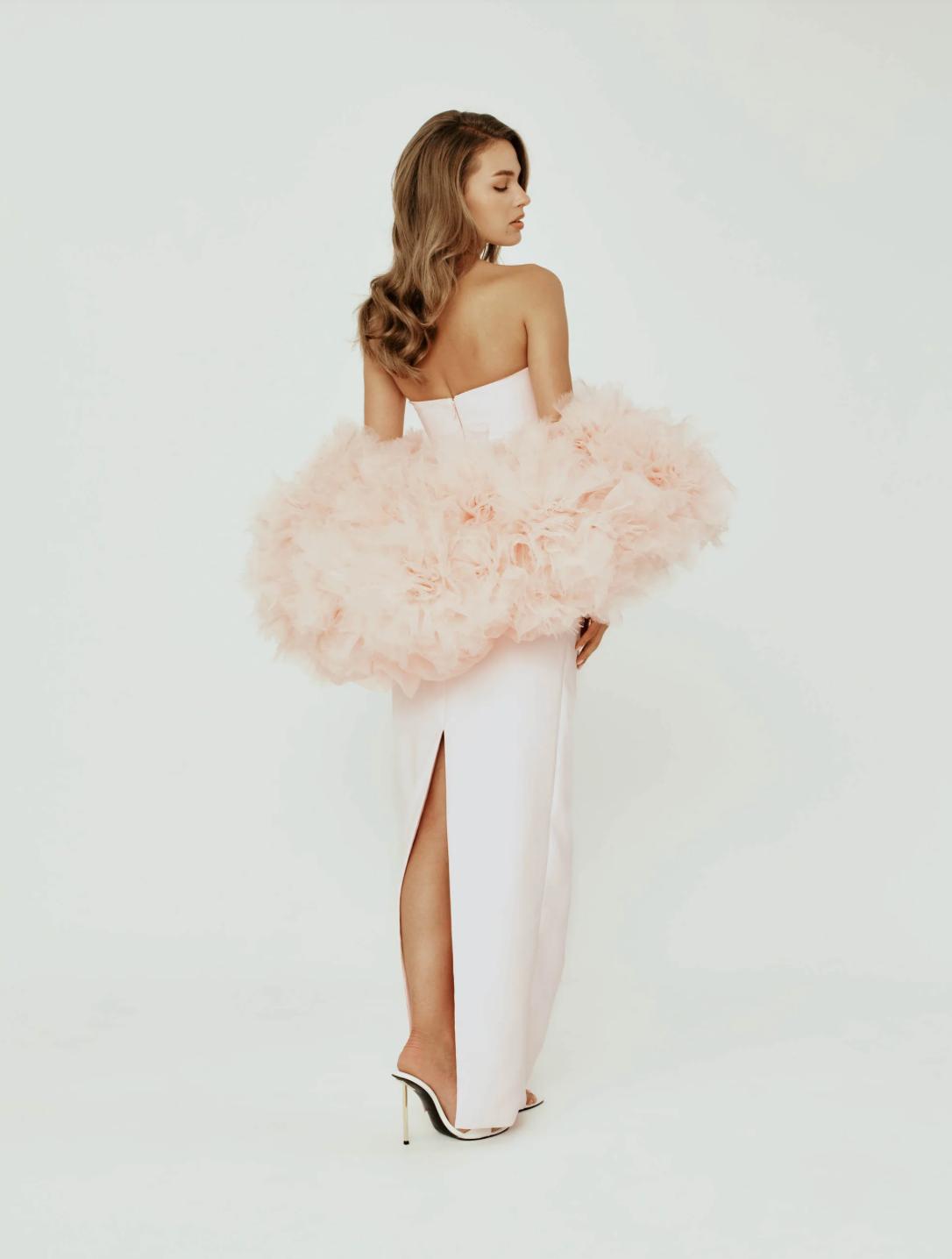Strapless Mikado satin column gown in blush pink with a sculptural organza cape featuring hand-crafted floral details.