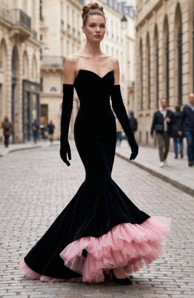 Black velvet strapless mermaid gown with a pink ruffled tulle hem and matching opera-length gloves on a city street.