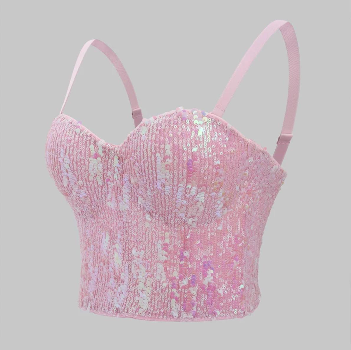 Bobi pink sequin corset bustier top with adjustable spaghetti straps and a structured, Y2K-inspired fitted silhouette.