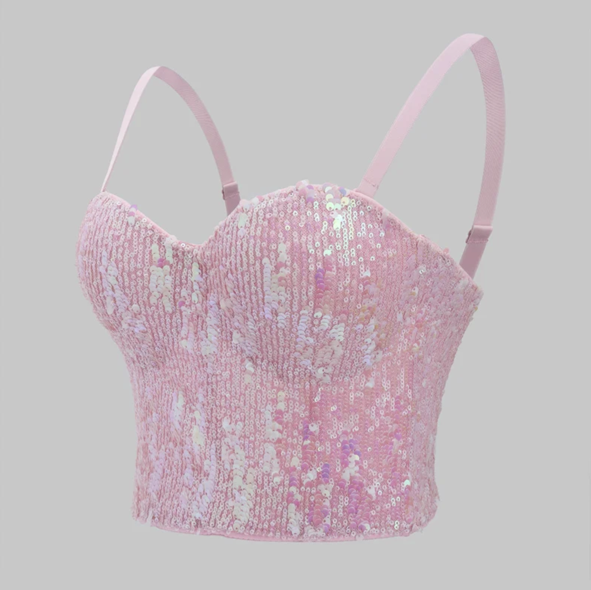 Bobi pink sequin corset bustier top with adjustable spaghetti straps and a structured, Y2K-inspired fitted silhouette.