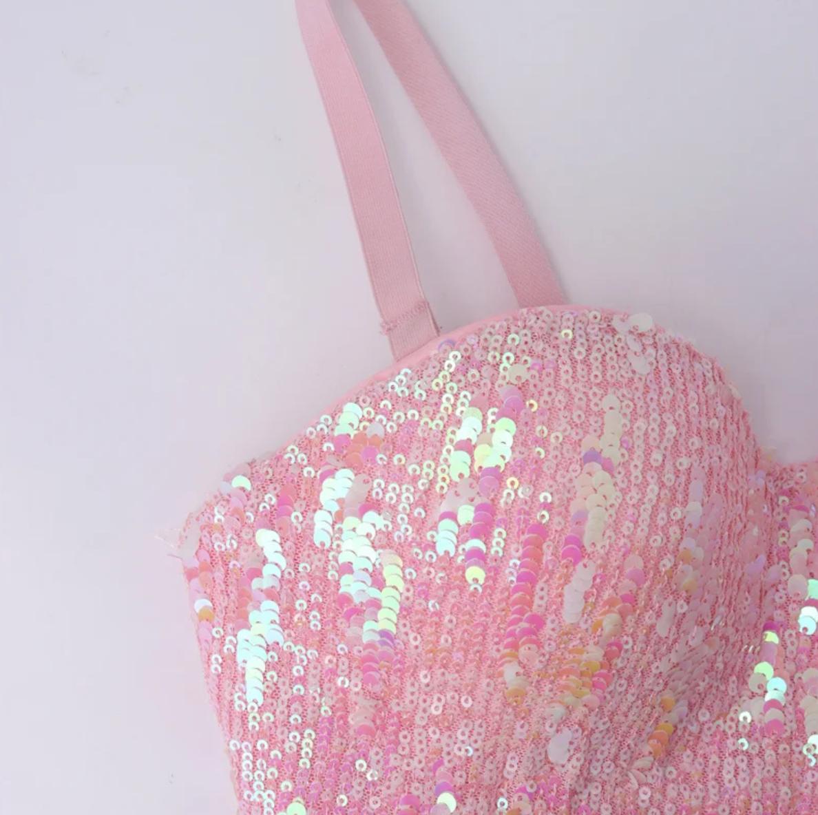 Bobi handmade pink corset bustier featuring iridescent sequin embellishments and structured straps.