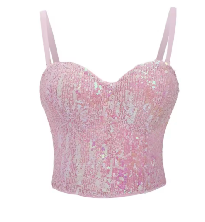 Pink sequin corset bustier top with a structured sweetheart neckline and thin spaghetti straps for a Y2K-inspired look.