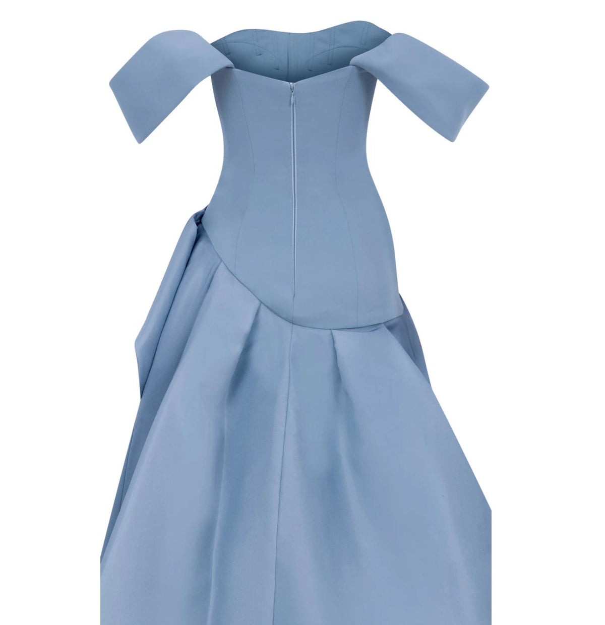 Blue off-shoulder Bravaria gown featuring a structured satin bodice and a voluminous pleated mikado satin skirt.