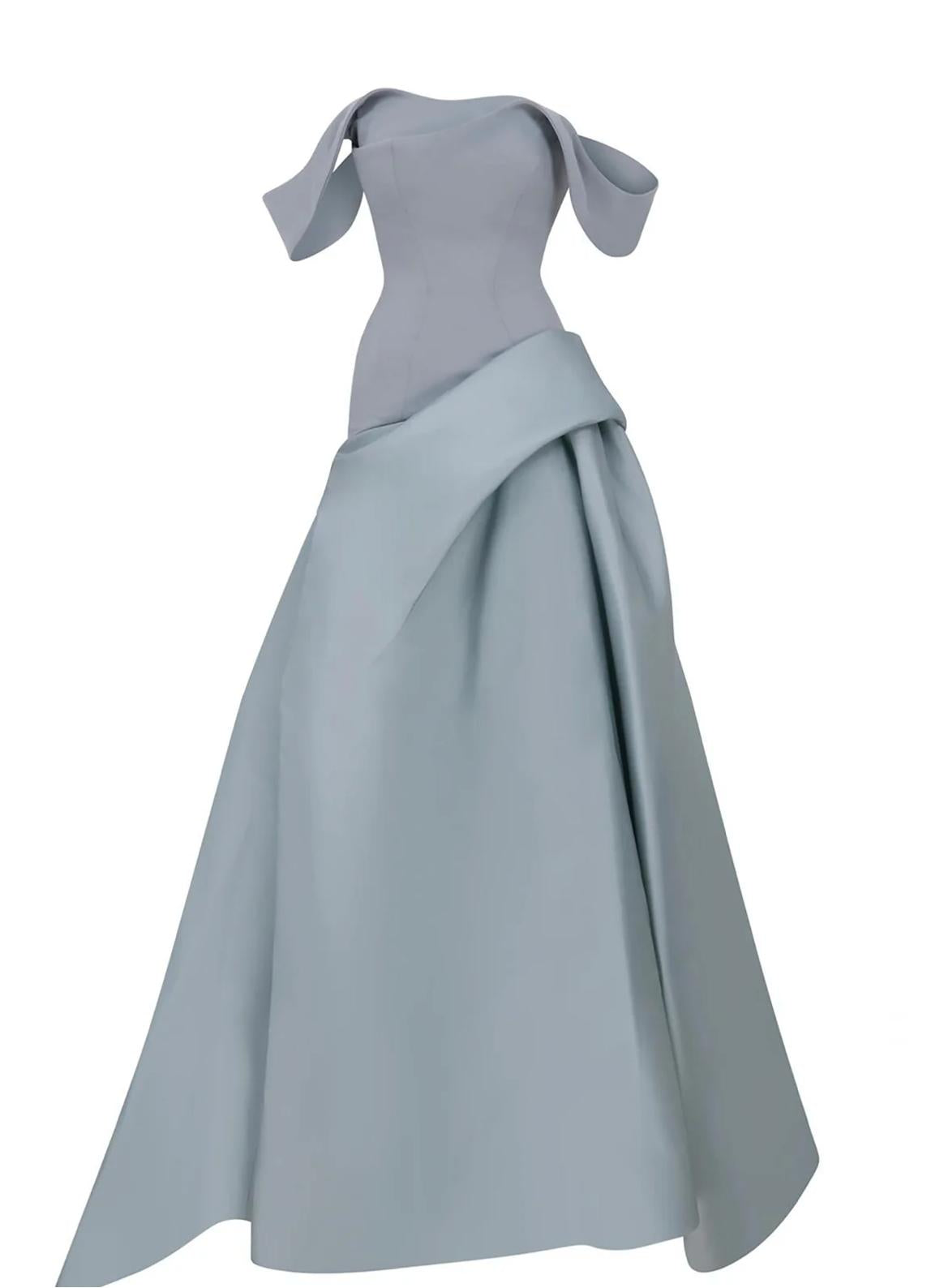 Bravaria off-shoulder gown in light blue satin with a fitted pleated bodice and structured mikado satin skirt.