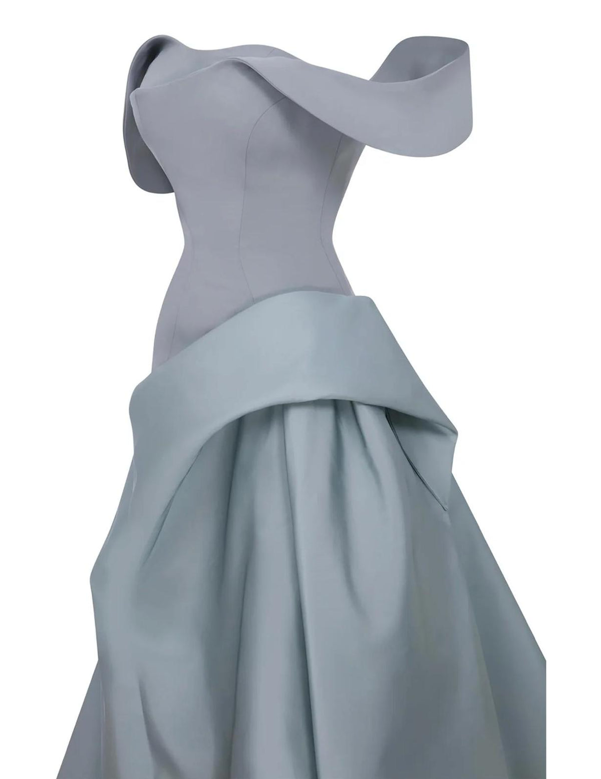Bravaria off-shoulder gown in grey satin with a fitted pleated bodice and structured mikado satin skirt.