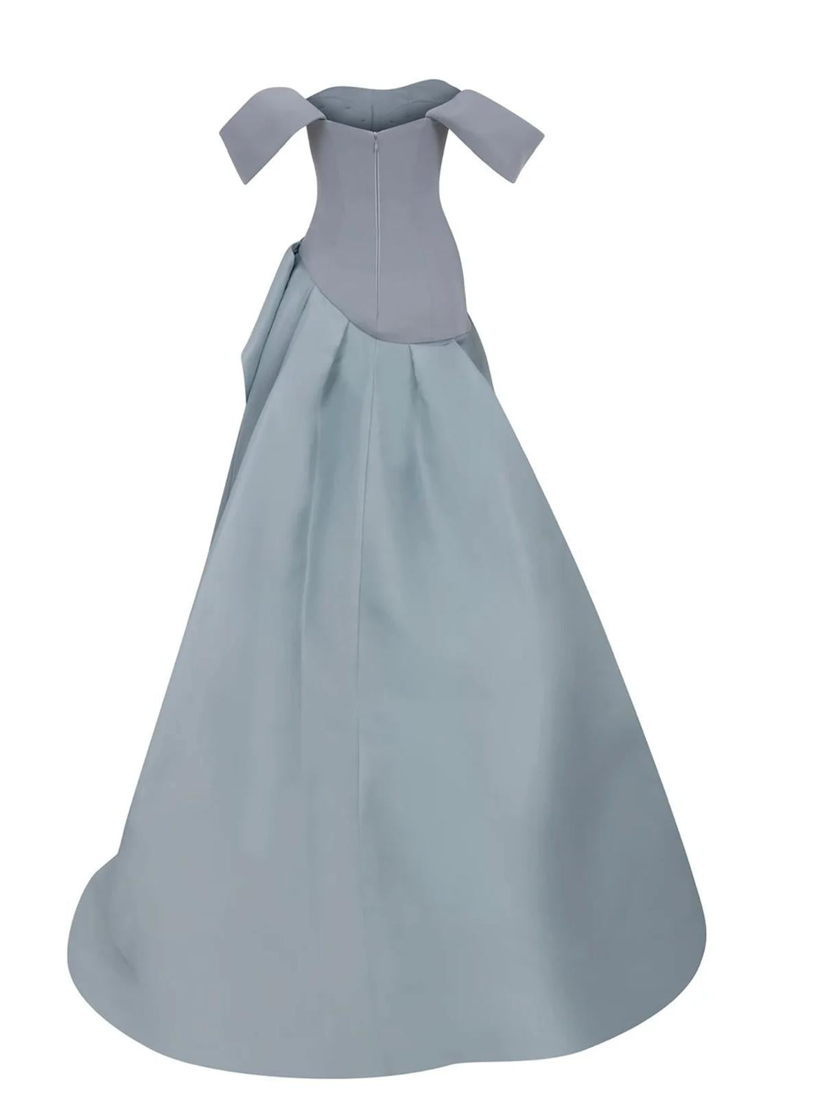 Bravaria off-shoulder gown in grey satin with a fitted pleated bodice and structured mikado satin floor-length skirt.