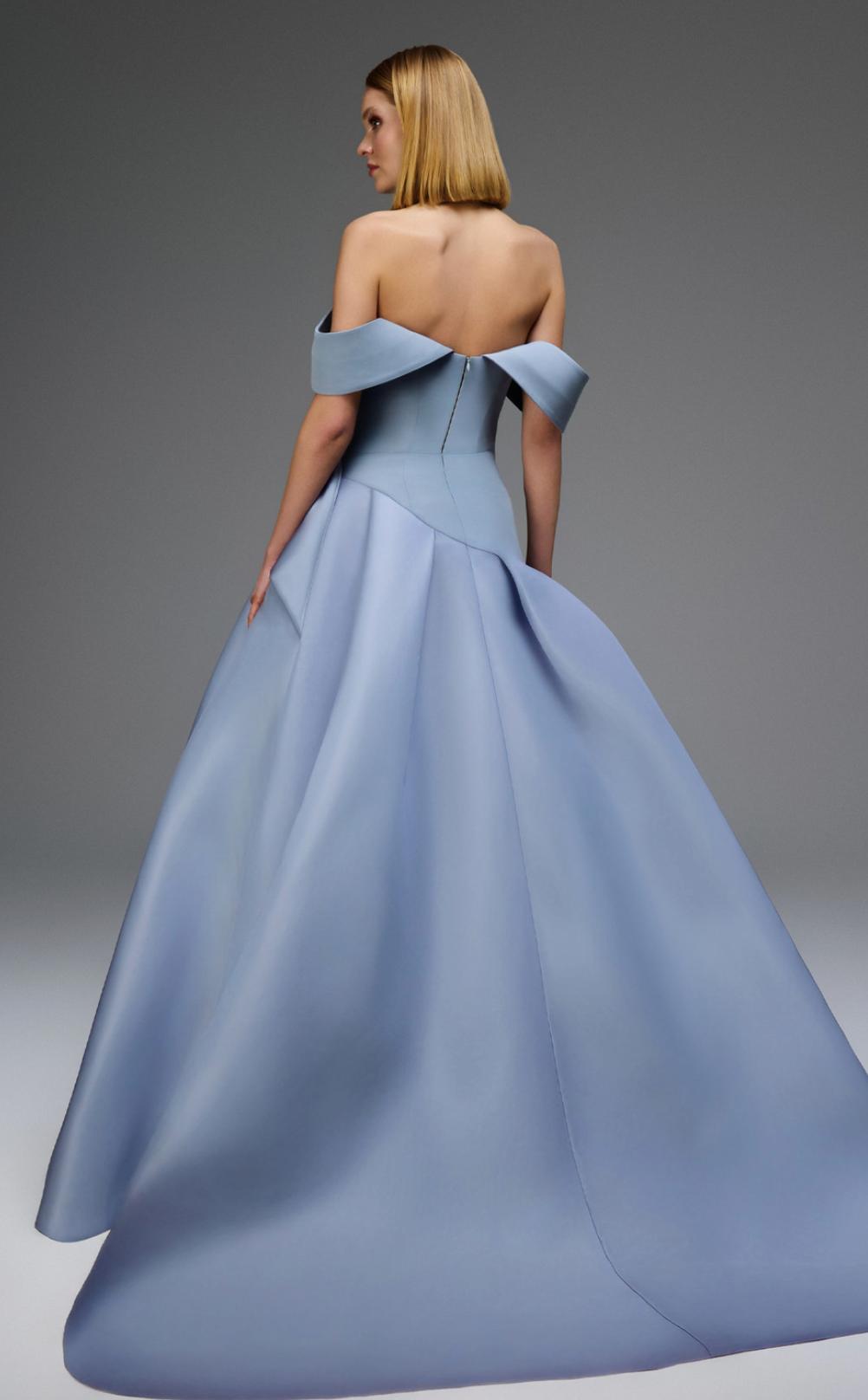 Bravaria off-shoulder gown in light blue satin with a structured mikado skirt and elegant pleated bodice.