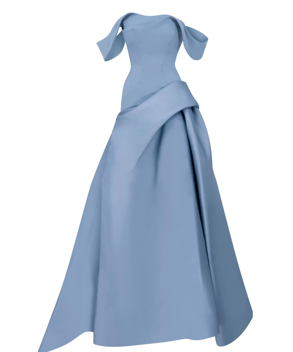Blue off-shoulder satin gown with a pleated bodice and structured mikado skirt for a sophisticated, tailored silhouette.