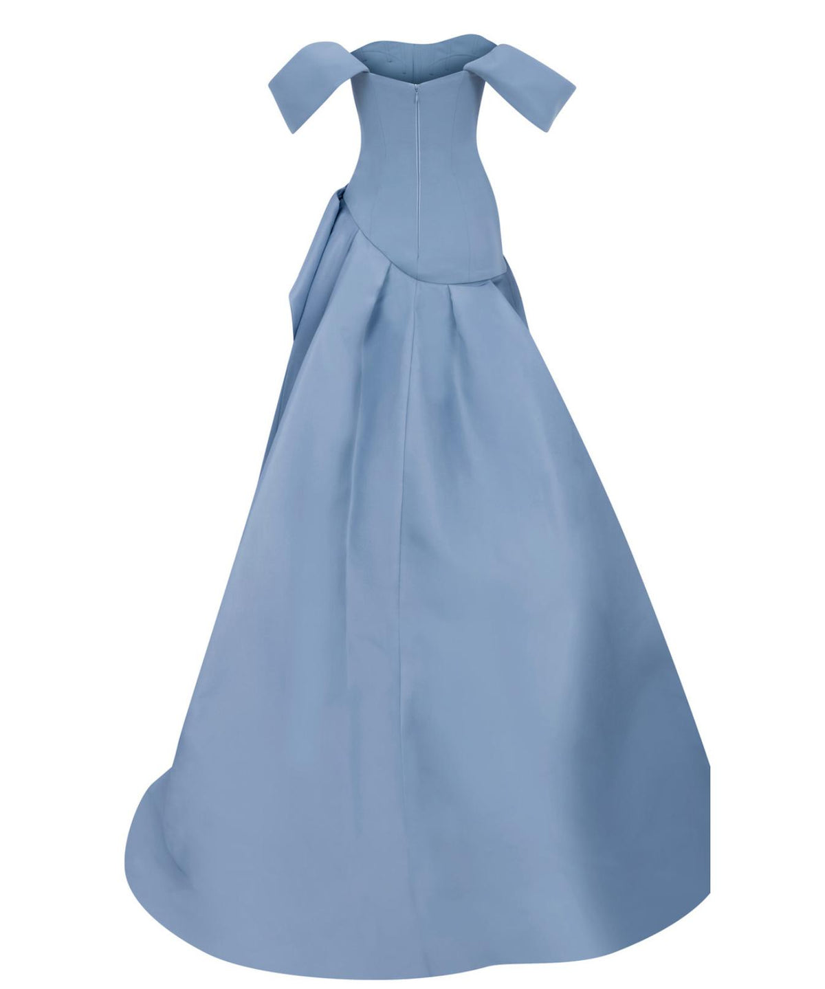 Blue Bravaria gown with an off-shoulder neckline, fitted pleated bodice, and a structured mikado satin floor-length skirt.