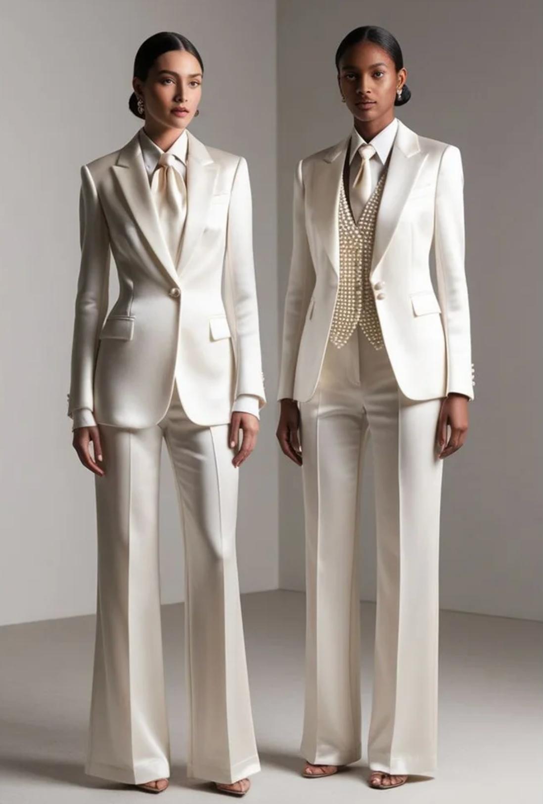 Two models wearing elegant ivory satin pantsuits with tailored jackets, wide-leg trousers, and formal ties.