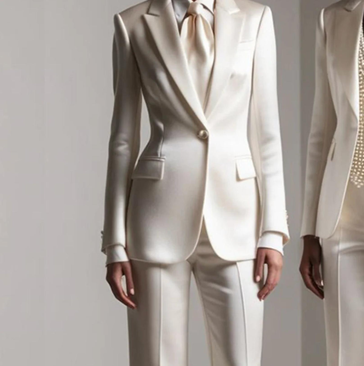 Tailored white satin single-breasted pantsuit with a structured jacket and coordinating trousers.