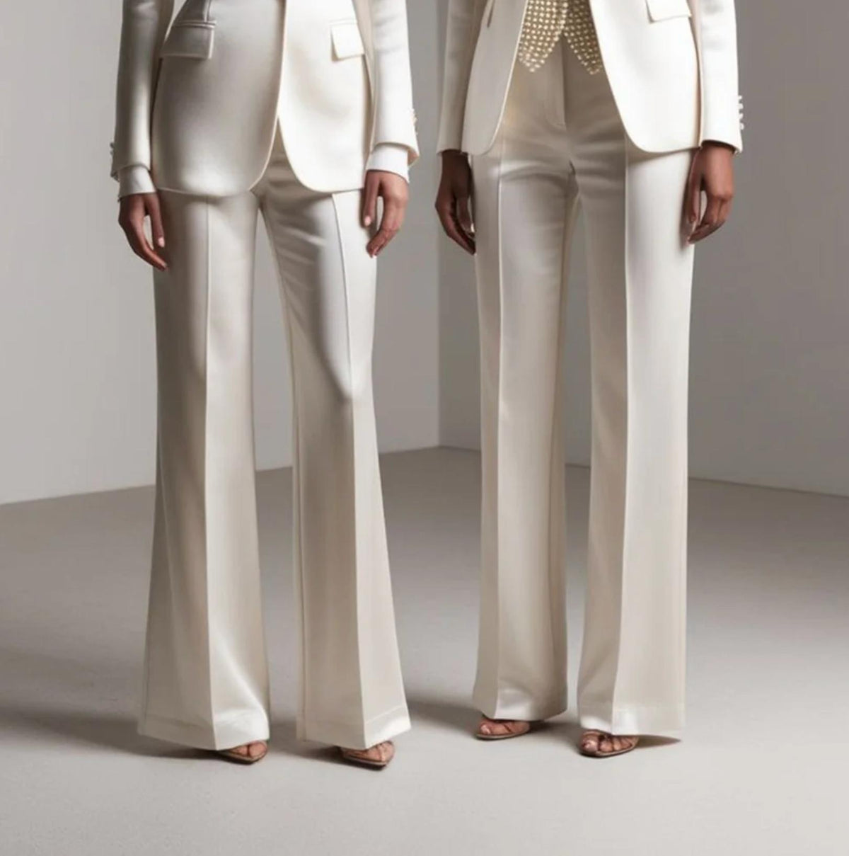 Two models wearing tailored white satin single-breasted pantsuits with wide-leg trousers and a polished, elegant fit.