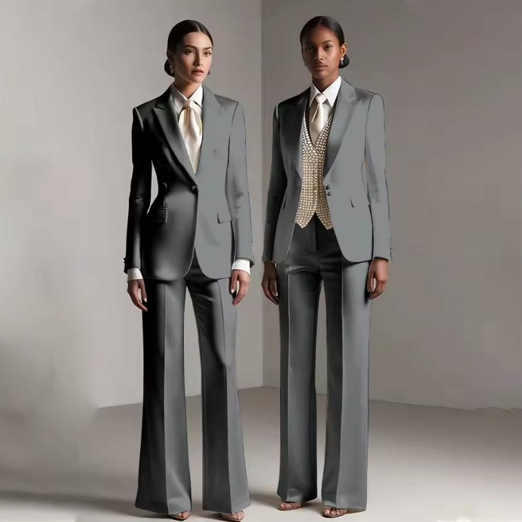 Two models wearing tailored grey satin Brisbane pantsuits with single-breasted jackets and wide-leg trousers.