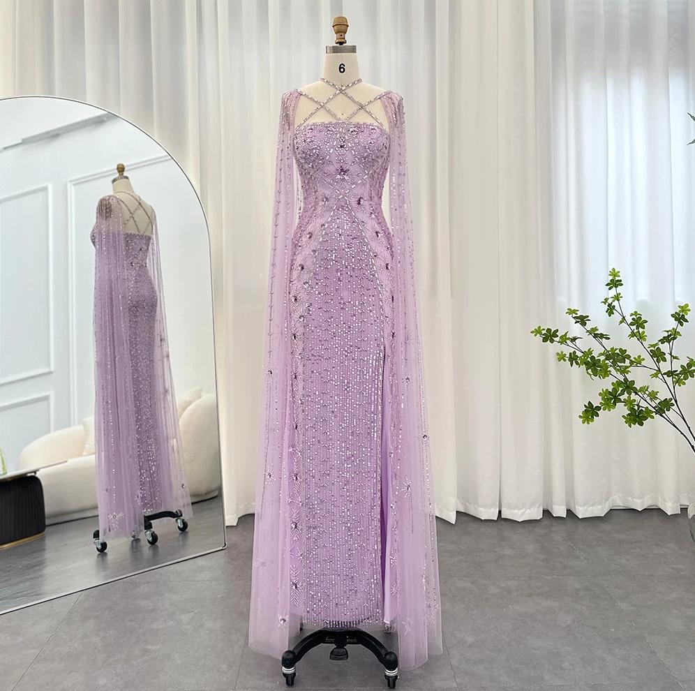 Lavender mermaid gown with tulle cape sleeves, intricate beading, and a criss-cross neckline on a size 6 mannequin.
