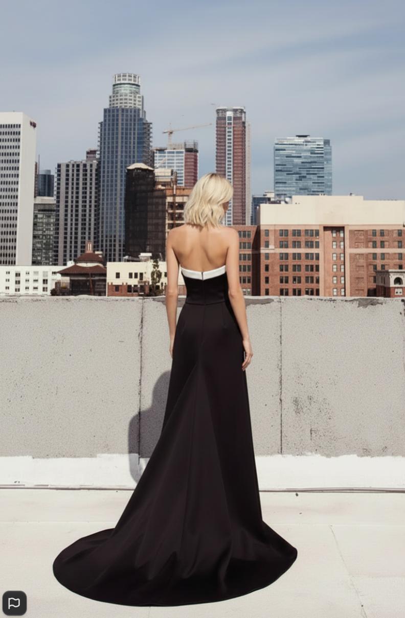 Strapless black and white mermaid evening gown with a sweeping train, worn by a woman against a city skyline.