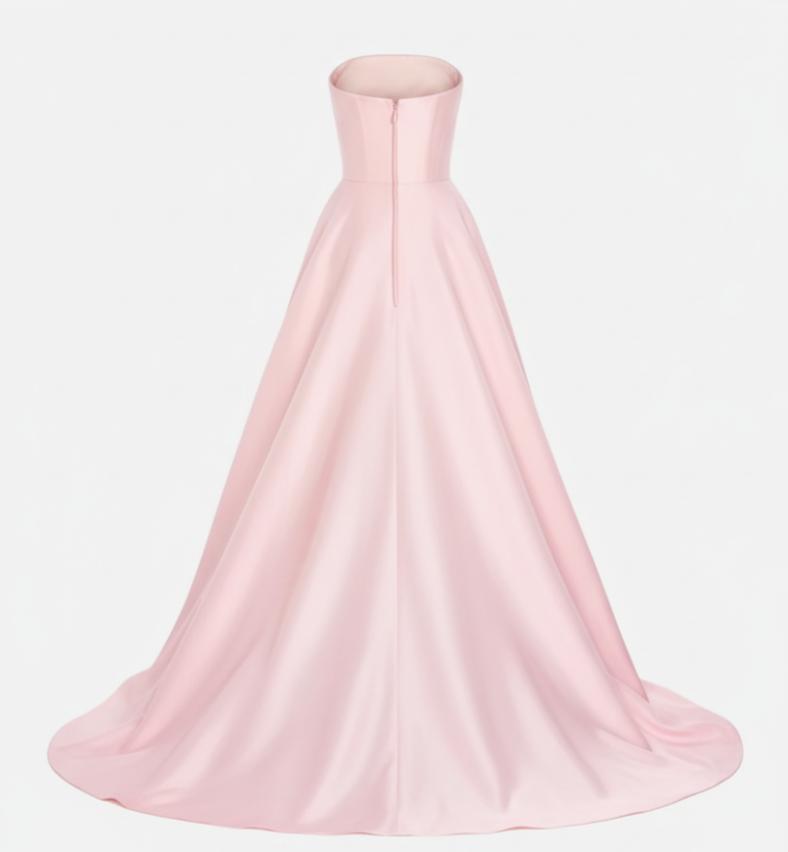 Back view of a sleeveless soft pink mikado satin gown with a structured bodice and a full, floor-length skirt.