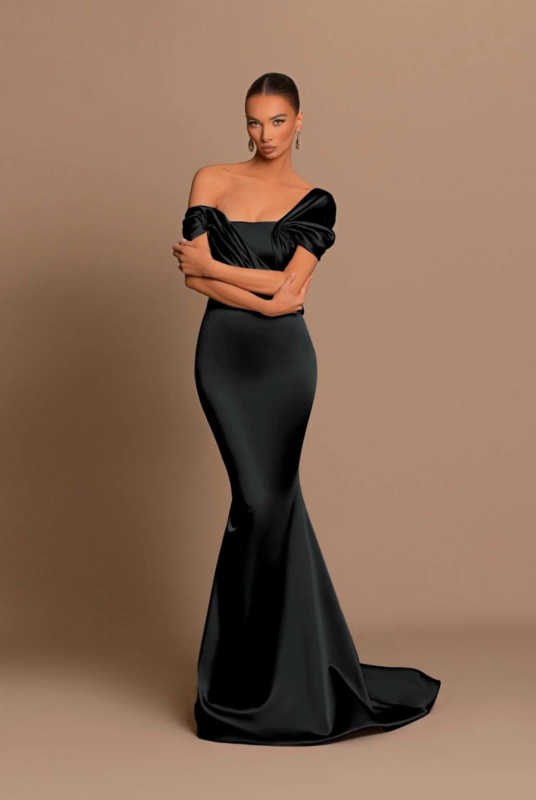 Black off-shoulder satin maxi gown with a structured corset bodice and cascading draped detailing.