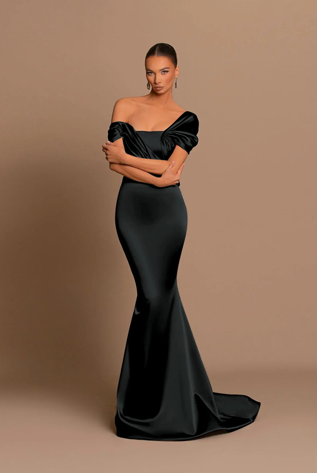 Black off-shoulder satin maxi gown with a structured corset bodice and cascading draped detailing.