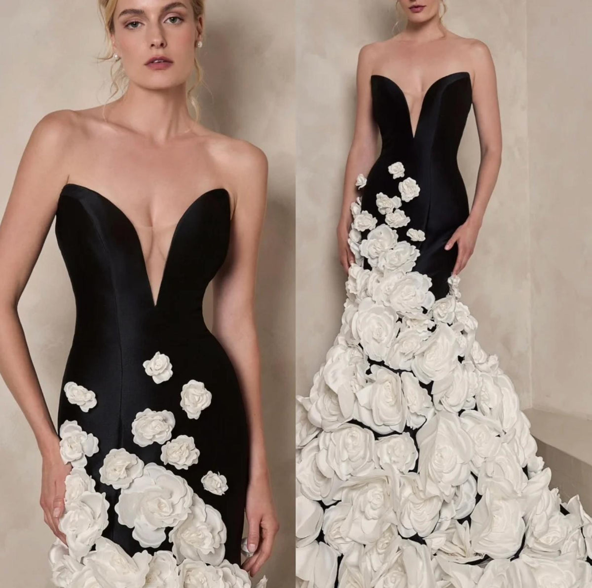 Black strapless mermaid gown with a deep V-neck, satin fabric, and cascading white floral appliqués.