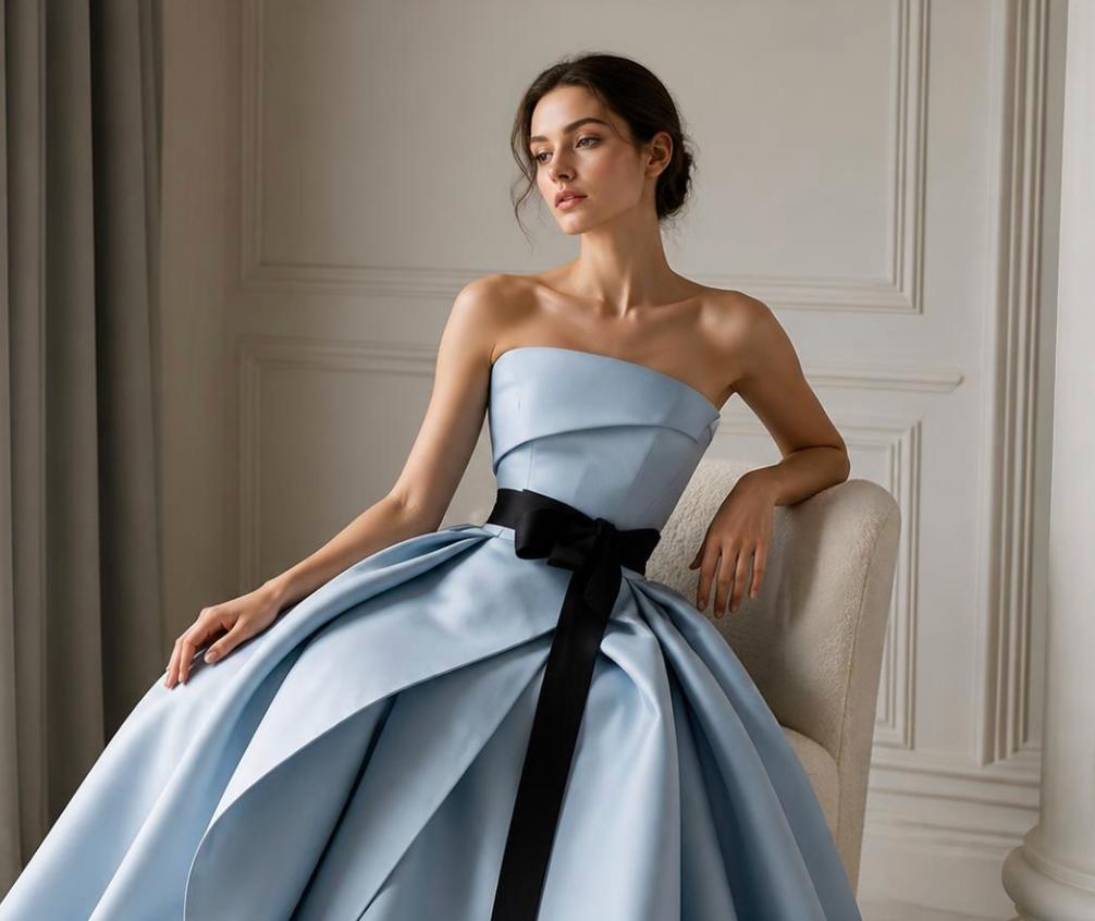 Strapless light blue satin twill A-line gown with strategic ruching and a dramatic black sash.