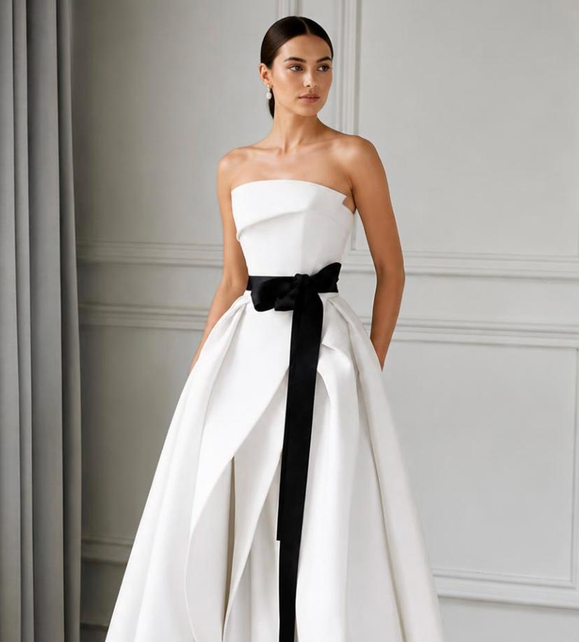 Strapless white satin twill A-line gown with a dramatic floor-length pleated skirt and a bold black waist sash.