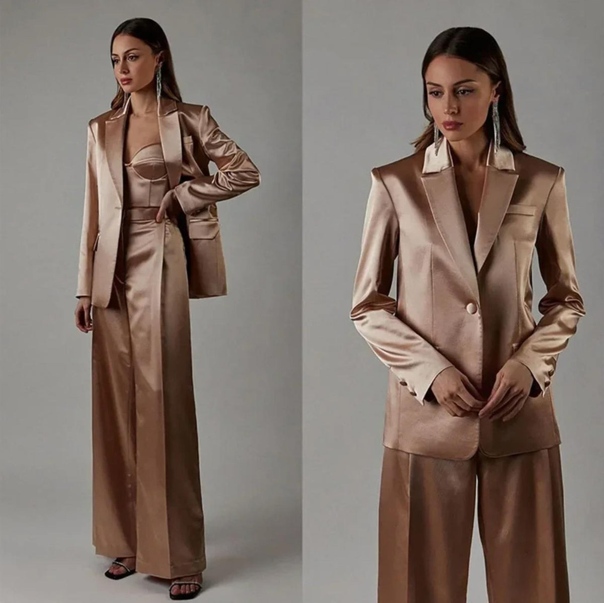 Champagne satin two-piece suit with a single-button blazer and high-waisted wide-leg trousers.