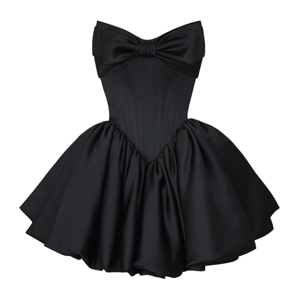 Black strapless satin mini dress with a structured bodice, large bow detail, and a voluminous pleated A-line skirt.
