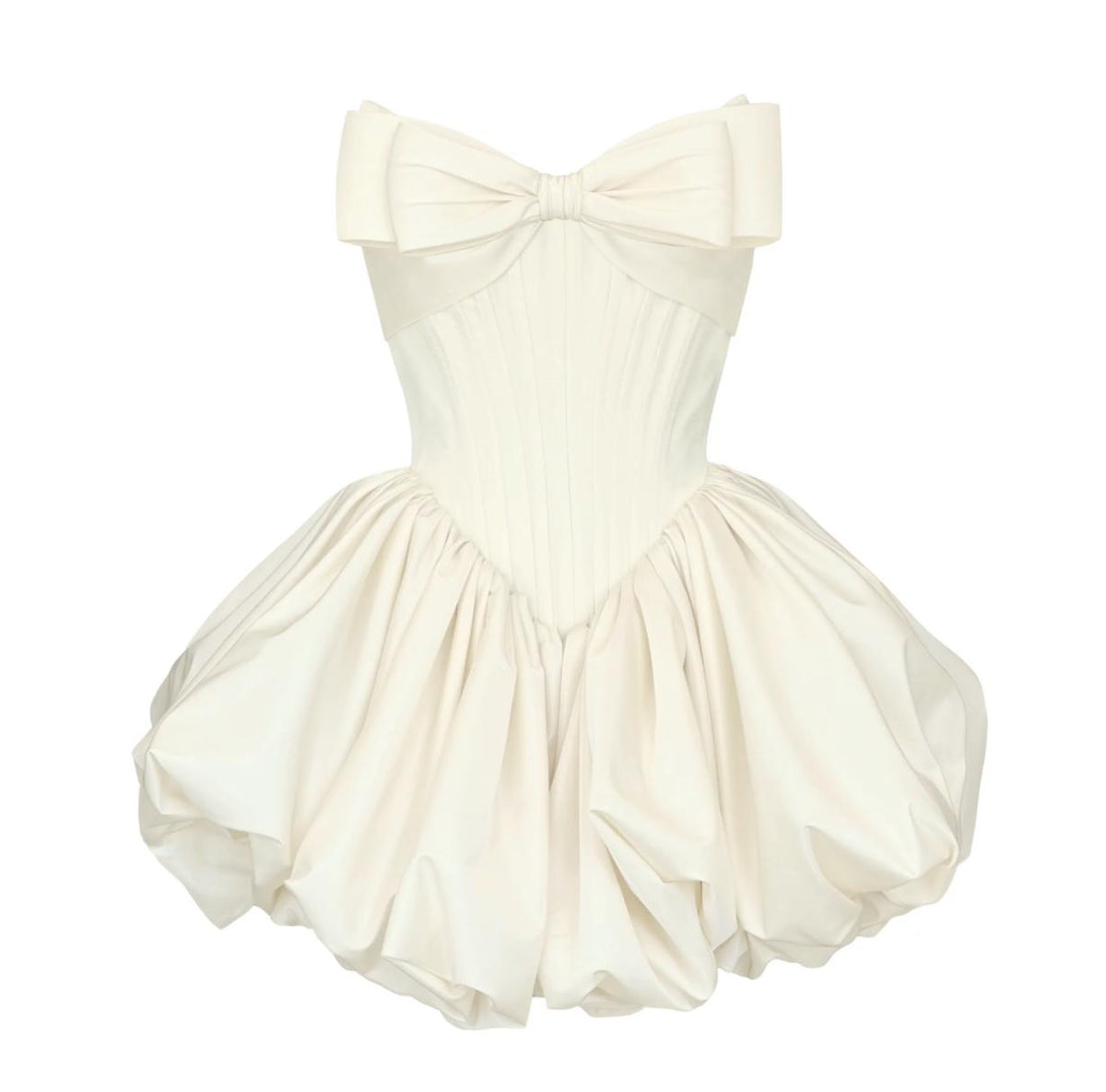 Strapless ivory satin mini dress featuring a large front bow, pleated bodice, and a voluminous bubble skirt.