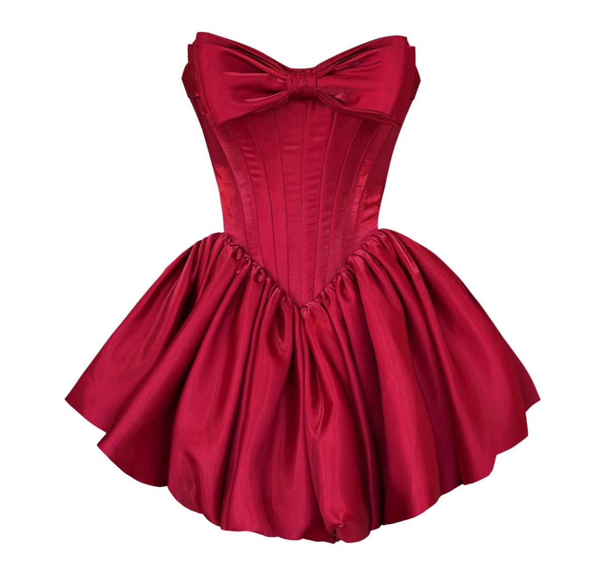Red strapless satin mini dress with a structured bodice, large front bow, and a voluminous pleated A-line skirt.