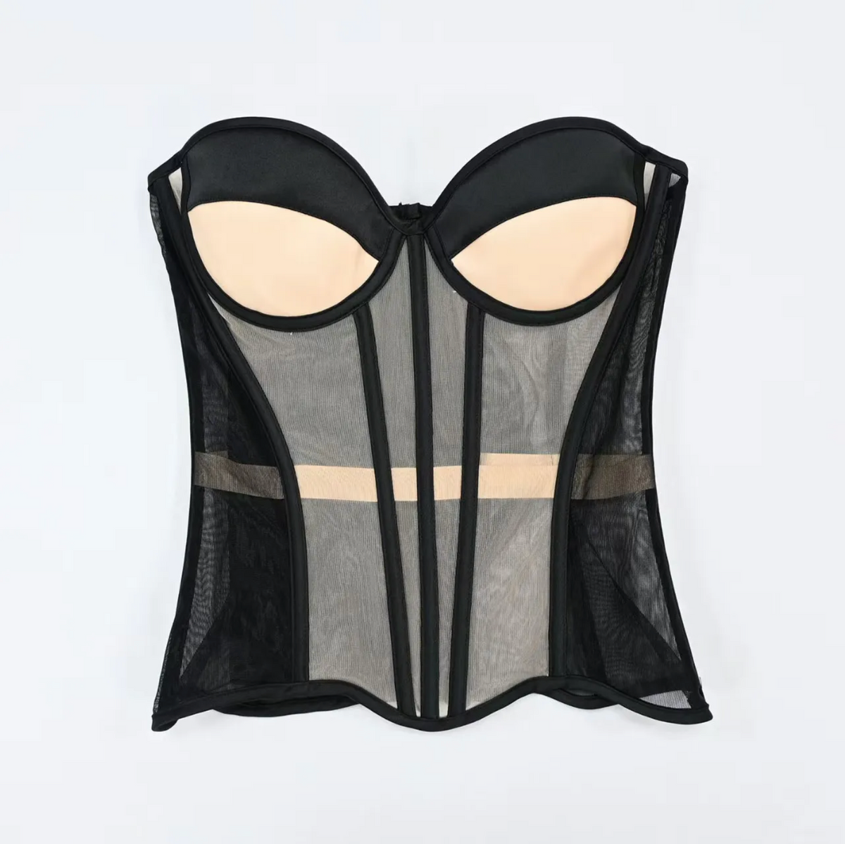 Black strapless mesh corset with structured boning, beige padded cups, and sheer paneling for a gothic aesthetic.