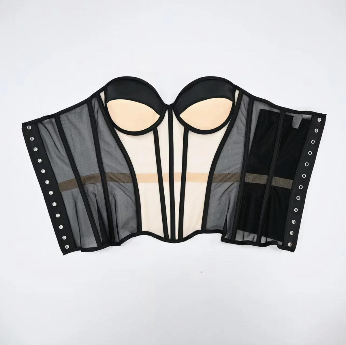 Dora black strapless mesh corset with structured boning, padded cups, and silver grommet side closures.