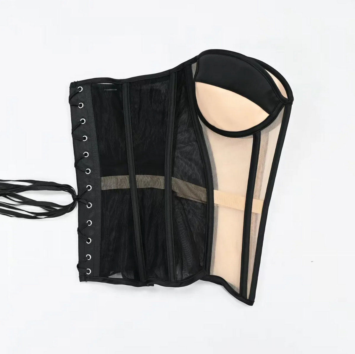 Black strapless mesh corset with structured boning, lace-up side closure, and beige molded bust cups.