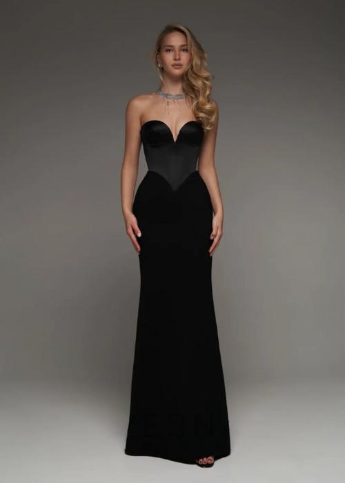 Black strapless mermaid wedding dress with a sweetheart neckline and elegant floor-length satin silhouette.