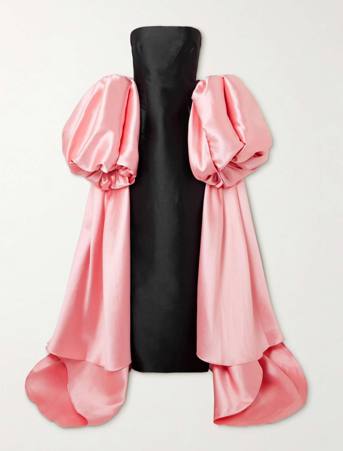 Black strapless satin evening gown with dramatic, detachable pink puff sleeve cape.