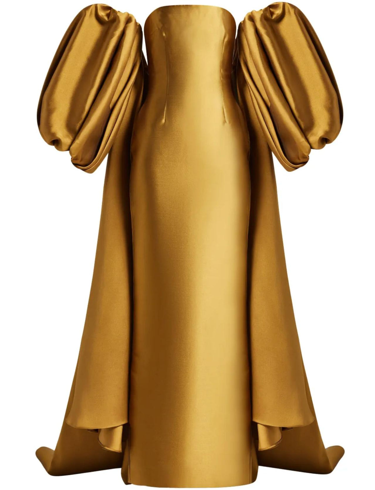 Gold satin evening gown with a strapless bodice and dramatic removable puff sleeve cape.