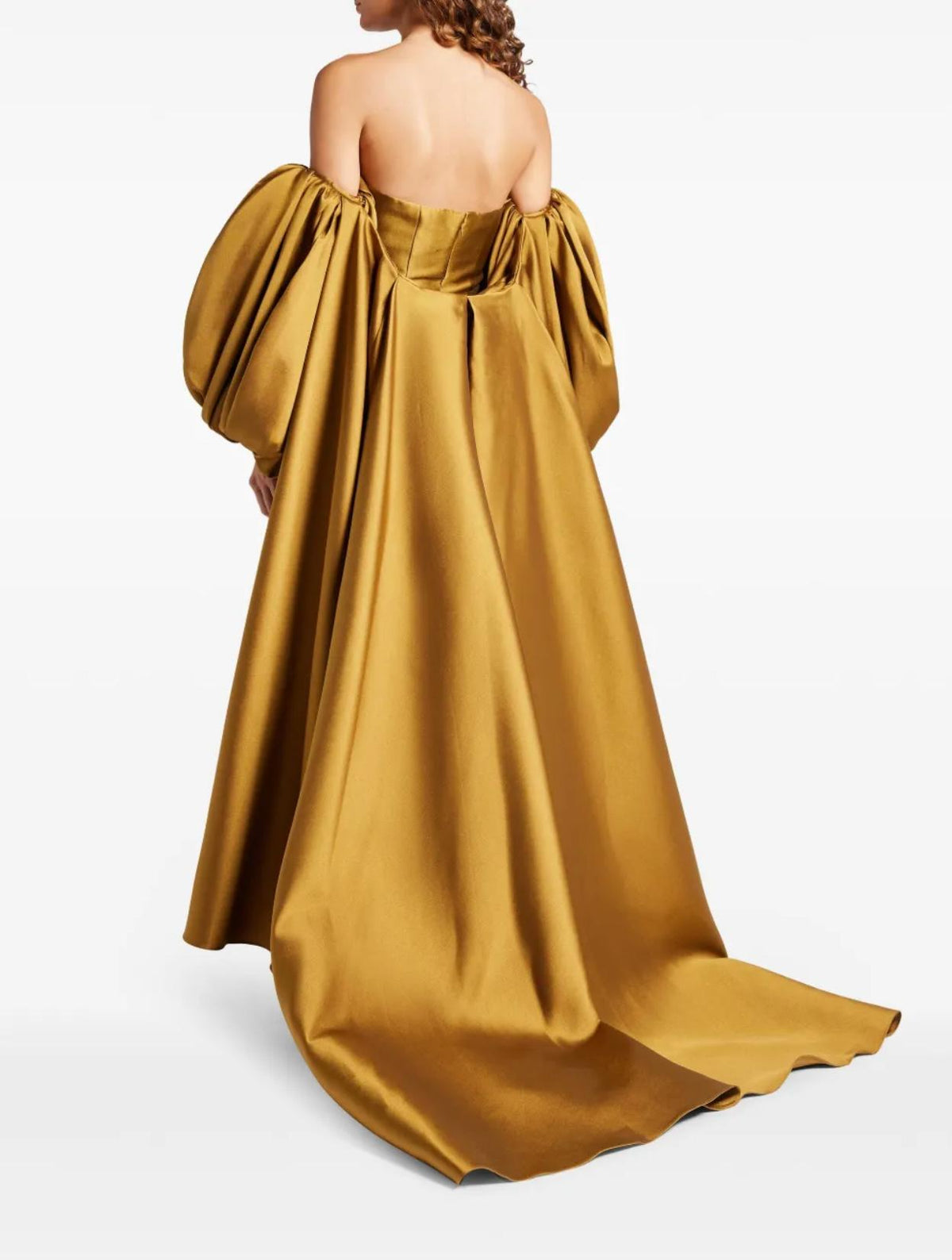 Gold strapless evening gown in Mikado satin with a dramatic floor-length skirt and removable puff sleeve cape.