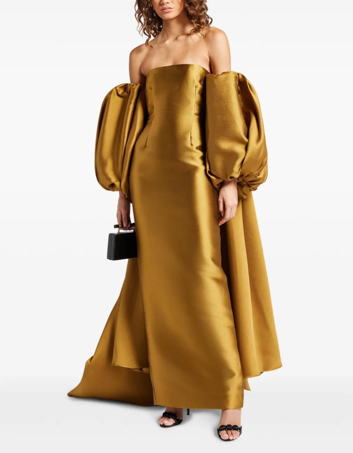 Gold strapless Mikado satin evening gown with a boned bodice and detachable puff sleeve cape.