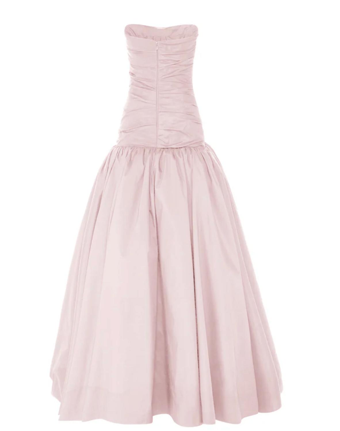 Strapless blush pink taffeta gown featuring a hand-draped bodice and a voluminous, structured floor-length skirt.