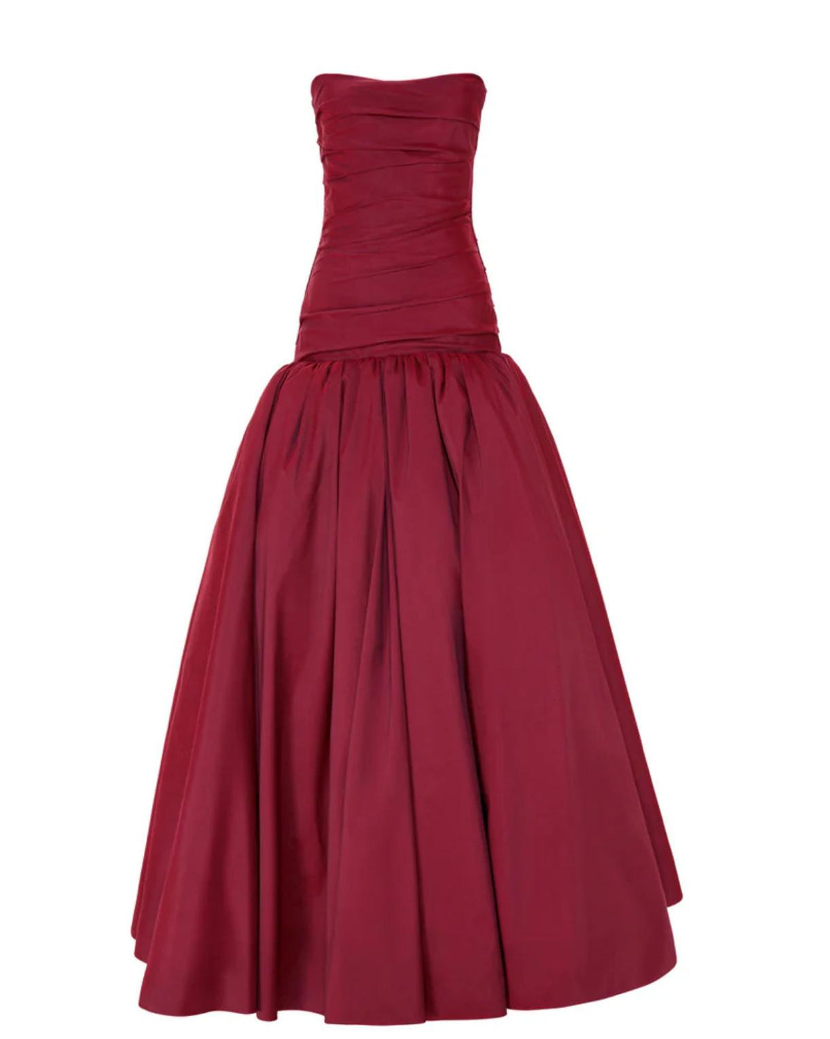 Strapless burgundy taffeta gown with a hand-draped bodice and a voluminous, structured floor-length skirt.