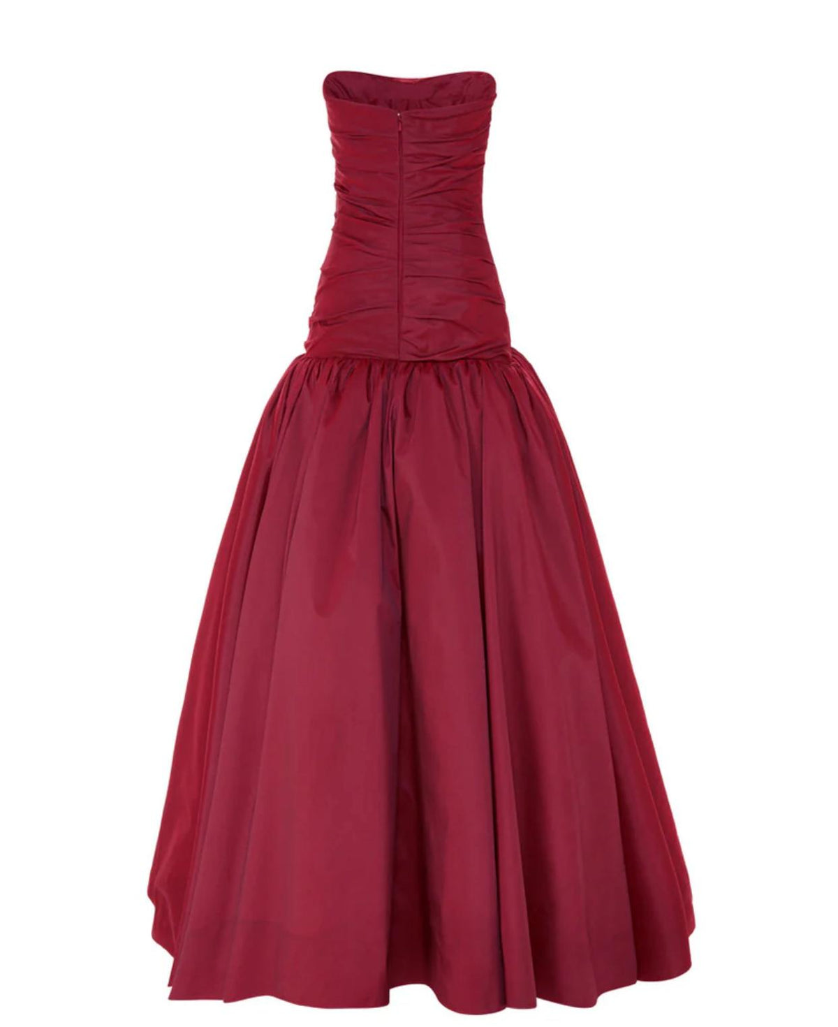 Strapless red taffeta gown with a hand-draped bodice and a full, structured floor-length skirt.